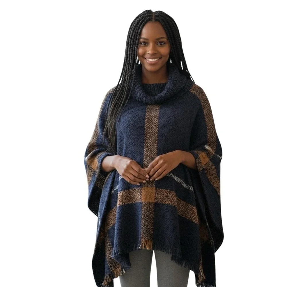 World Market Plaid Cowl Neck Fringe Poncho Navy Mustard Women One‎ Size